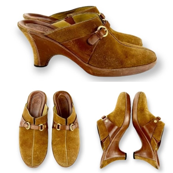 COLE HAAN SLIP-ON SUEDE WEDGE HEELS CLOGS BUCKLE SANDAL WOMEN'S SIZE 9 - Picture 1 of 13